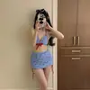 Estilo Japonés y Coreano Cuadros Azules Lazo Correa Pecho Pequeña Bikini Conjunto de Dos Piezas Falda Atuendo Sexy para Chicas Calientes