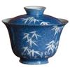 Cuenco de cerámica de dos piezas con dibujo de bambú pintado a mano en azul espolvoreado, cubierta plateada, juego de té de kung fu antiescaldamiento, cuenco de mano, cuenco de té
