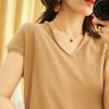 Camiseta de algodón y lino para mujer, cuello en V, manga corta, holgada, adelgazante, informal, de verano, 2023