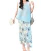 Atuendo Estilo Resort: Conjunto de Chaleco Azul y Falda con Borlas Florales, Top de Verano sin Mangas para Mujer, Conjunto de Dos Piezas Reductor de Edad