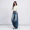 Jeans vintage de pierna ancha en azul lavado cosidos a mano para mujer, nuevo diseño de principios de otoño 2026, pantalones elegantes de largo hasta el suelo