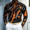 Nova camisa masculina de manga longa com base azul e padrão de respingos laranja-amarelo, design ousado e marcante, versátil para o trajeto para o trabalho