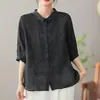 Camisa casual simple de manga corta para mujer, nueva de verano, algodón y lino, bordado pesado, cuello POLO fino, corte holgado.