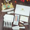 Cuchillo y Tenedor para Pastel de Cumpleaños Juego de Velas Plato de Papel Desechable Plato de Cena Engrosado Forma de Gota Tenedor para Hornear Vajilla en Caja