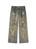 Calça Jeans Masculina Tendência Estilo Wasteland Rasgada Solta Reta Perna Larga High Street Retrô Americano Desgastado