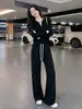 Conjunto deportivo casual de moda para mujer, moda otoño e invierno, elegante, rejuvenecedor, adelgazante, con diseño de corte recto, mangas largas y pantalones de pierna recta de cintura alta, un atuendo de dos piezas