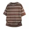 Camiseta de punto de lino Tencel de manga corta para hombre, de verano, transpirable, color fresco, bloques de color, a rayas, de alta gama, con cuello redondo