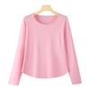 Outono Novo Estilo Canelado Gola Redonda Manga Longa Fashion Simples e Elegante Confortável Camiseta Básica com Bainha Curva Cor Sólida Top Feminino