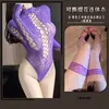 Ropa de Malla Hueca con Estampado de Serpiente Morado, Estilo Puro Deseo Sexy, Atractivo Body de Manga Larga para Cita W79