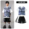 Ropa de Moda Hip-hop para Niños Traje Azul de Manga Corta con Chaleco Falso para Niños Ropa Genial de Hip-hop para Actuación de Niñas