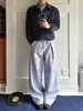 Pantalones de Pierna Ancha Plisados de Línea A con Rayas Azul Claro Estilo Americano para Hombre, Sueltos y Versátiles para Uso Casual Diario, Pantalones Cleanfit