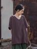 Blusas de Algodón y Lino para Mujer, Nuevo Estilo de Verano, Ropa para Mujer Inspirada en el Zen, Manga Corta con Cuello en V de Bambú, Camiseta para Mujer Versátil y Artística de Corte Ajustado