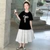 Ropa para Niños Estilo Coreano Traje de Verano 2025 Niños Medianos y Grandes Camiseta Lazo de Perlas para Niños Celebridad de Internet Conjunto de Falda a la Moda