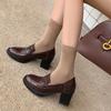 Mocasines de Piel de Oveja de Pierna Larga con Tacón Alto 2025 Otoño Tacón Grueso Punta Redonda Piel Genuina Zapatos de Oficina Zapatos de Corte Bajo para Mujer