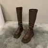 Botas largas de cuero suave con tacón grueso y suela gruesa para mujer, nuevas botas altas plisadas apiladas de estilo británico para otoño, botas altas