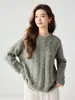 Suéter feminino de cashmere, gola redonda, tricô grosso, design trançado, caimento solto, macio e confortável, perfeito como camada base para outono e inverno, cor verde claro