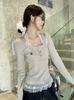 Camiseta de Punto con Cuello de Encaje Estilo Ballet Falso de Dos Piezas para Mujer, Camisa Base Chic Dulce Picante para Principios de Otoño con Top Corto