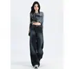 Jeans de Pierna Ancha con Degradado Azul Oscuro para Mujer, Nuevo Estilo Otoño e Invierno, Cintura Alta, Pantalones Sueltos de Pierna Recta Relajados Estilo Americano, Largo Hasta el Suelo