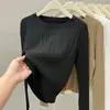 Nueva Camisa de Encaje para Mujer Primavera y Otoño Cuello Alto Medio Ajustada Elegante Tejido de Punto Color Albaricoque Manga Larga Top de Punto
