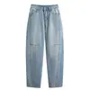 Foto Real de Jeans Azules Claros con Corte de Guadaña para Mujer, Primavera y Otoño, Tallas Grandes, Versión Estrecha, Pantalones Anchos Rectos Holgados con Corte de Guadaña, Largo hasta el Suelo, Algodón