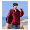 Moletom masculino com zíper parcial e gola alta, ideal para primavera e outono, com estilo casual retrô americano, mangas compridas, corte solto e um design moderno de gola alta