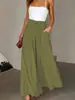 Calça de Verão Lisa de Cintura Alta Wide Leg para Mulheres 2026, com Cintura Elástica Plissada e Cordão, Afinando e com Caimento Fluido, Roupas Femininas de Comércio Exterior