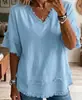 Amazon Transfronterizo 2026 Primavera/Verano Nuevo Holgado Cómodo Casual Cuello en V Color Sólido Manga Corta Parche Flecos Top
