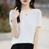 Top de Algodón Puro para Mujer con Cuello en V y Canalé, Manga Corta, para Primavera y Otoño, Camiseta Básica Versátil de Corte Ajustado, Tejido Simple y Elegante, Suministro Directo del Fabricante