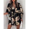 Vestido de Praia Europeu e Americano de Comércio Exterior Transfronteiriço, Vestido Estampado Feminino de Verão com Decote V e Amarração, Vestido Patchwork, Personalização em Pequenos Lotes
