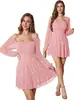 Vestido de Malla Brillante de Manga Larga para Mujer con Cuello Cuadrado y Falda de Línea A Fluida, Mini Vestido Corto, Adecuado para Fiestas Navideñas