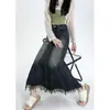 Falda maxi de mezclilla hasta el tobillo para mujeres con cuerpo de pera, talla grande, holgada, elegante, con flecos, larga hasta el suelo, de línea A, media falda
