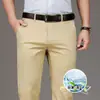 Calças Casuais Masculinas de Tecido Elástico para Meia-Idade Tencel Macio Anti-Rugas Calças de Escritório Qualidade Business Retas Longas