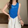 Chaleco de Punto Sin Mangas Bordado con Letra Estilo Spice Girl de Verano para Mujer Estilo Francés Chic Hermosa Espalda Sin Mangas Top Corto Blanco