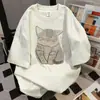 Camiseta Manga Curta Divertida com Estampa de Gato Estilo Casual Preguiçoso Design de Nicho para Mulheres Verão 2025 Novo Top Ins
