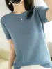 Malharia Pulôver para Mulheres, Gola Redonda Não-Caxemira, Manga Curta, Solta, Camiseta com Malharia Tricotada, Top Curto Primavera e Outono
