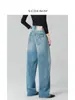 Jeans de Mujer de Pierna Ancha Sueltos, de Tiro Alto, con Costura Lateral Desconstruida y Bolsillo con Solapa Ligeramente Curvado, Largo Hasta el Suelo, Talla 26, Nueva Colección de Primavera