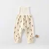 Calça comprida de algodão para bebês, cintura alta, proteção para a barriga, para bebês de poucos meses, calça comprida de base para outono, calça de bebê Classe A de cintura alta