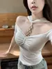 8501# Camiseta de Manga Curta com Ponto Corrente Vazado Estilo Desejo Puro de Verão Peça Única Emagrecedora Valorizadora com Bojos Embutidos para Mulheres