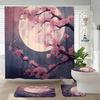 Conjunto de cortina de chuveiro japonesa de 4 peças com tema de lua, tapete antiderrapante, assento de vaso sanitário em forma de U e assento de vaso sanitário, onda de Kanagawa ao pôr do sol