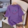 Nova Blusa de Verão de Algodão Puro Manga Curta Versátil Estampa de Rosto Sorridente Casual Tamanho Plus Size Solta Moderna Jovem Estilosa Camiseta