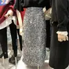 Falda estilizada con abertura y lentejuelas para mujer, talla pequeña, nueva de alta calidad, longitud media, cintura alta, falda recta estilizada