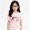 Top Infantil de Pliegues Laterales Estilo Suave y Lindo Estampado de Cinnamonroll Kuromi Dobladillo de Encaje Camiseta de Manga Corta para Niñas