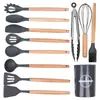 Utensílios de Cozinha de Silicone com Cabo de Madeira Transfronteiriços Conjunto de 12 Peças para Cozinha, Espátula de Silicone Antiaderente, Concha, Espátula de Fritar, Escorredor, Modelo Novo