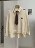 Conjunto de Tres Piezas Estilo Academia KEKEZOON Chal de Punto Bordado Camisa de Manga Larga con Corbata Top en Capas 9470