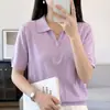 Nueva camiseta de punto de algodón puro para verano, con media cremallera y cuello camisero, manga corta, corte holgado y favorecedor, top liso de moda estilo coreano para mujer