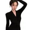 Falda Nueva Larga de Manga Larga con Abertura de Diosa Retorcida Negra Cintura Ceñida Vestido Base Adelgazante Figura Moldeadora Falda Larga