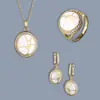 Anel Colar Brincos Conjunto de Três Peças Feminino Elegante de Luxo Leve Nobre Zircônia Textura de Jade Estilo Chinês Ouro 18K