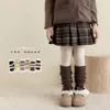 Zapatos y calcetines para niñas, otoño e invierno, con bordes rizados, moño y dulce detalle de encaje floral, de altura media hasta la pantorrilla