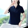 Ropa de Verano de Seda de Hielo de Gama Alta para Mujer Manga Corta 2026 Nueva Moda Marca Mamá Camiseta Holgada Rayada con Cuello de Solapa