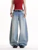 Jeans Reto Estilo Retro Americano Feminino Primavera 2025 Solto Bordado Fluido Casual Wide Leg Comprimento Total Azul